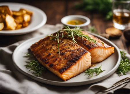 Grilled salmon fillet with rosemary and fried potatoes on wooden tableの素材