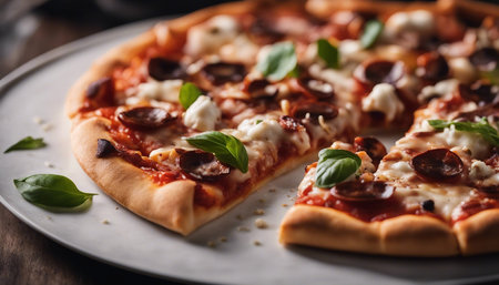 Pizza with mozzarella cheese, mushrooms and basil on a plateの素材