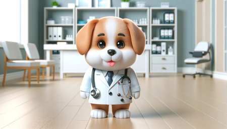Cute dog with a stethoscope in the clinic. 3d renderingの素材
