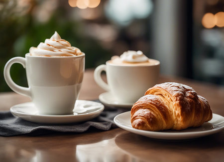 Coffee and croissant on wooden table in coffee shopの素材