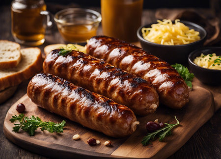Grilled sausages on a wooden board with vegetables and beerの素材