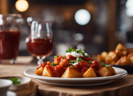 Spanish potatoes patatas bravas with tomato and spicy sauceの素材