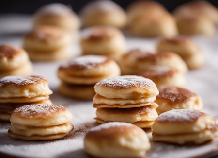 Pancakes with sugar on a baking sheet. Selective focus.の素材