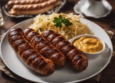 Grilled sausages with mayonnaise and mustard on wooden tableの素材