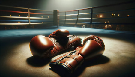 Boxing gloves on the floor in a boxing ring. 3D renderingの素材