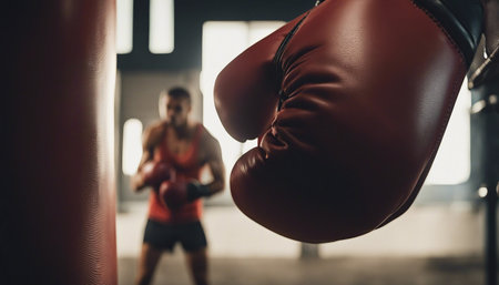 Boxer training with focus on the boxing gloves. Close-up.の素材
