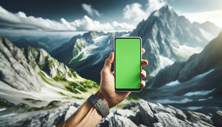 Smartphone with green screen in human hand on the background of mountains.の素材