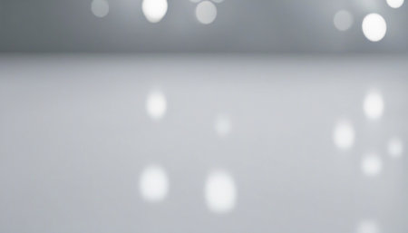 Blurred lights reflecting on a shiny white floor in an empty roomの素材