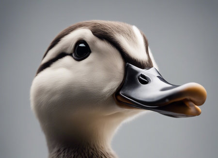 Close-up of a duck head isolated on a gray background.の素材