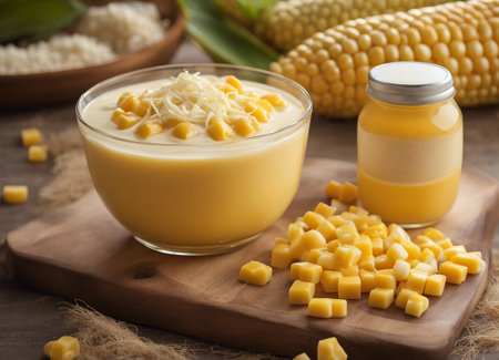 Corn soup with grated cheese in a glass bowl on wooden backgroundの素材