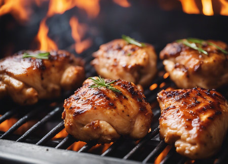 Grilled chicken fillets with rosemary on a barbecue grill.の素材