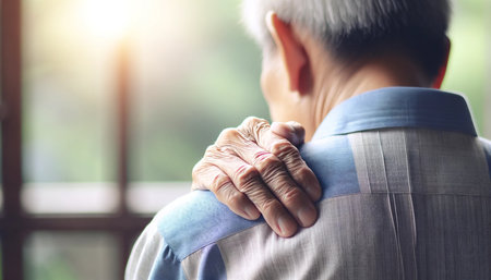Elderly person's hand on shoulder in a gesture of comfort or companionshipの素材