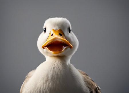 Portrait of a duck with a curious expression on a grey backgroundの素材
