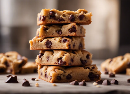 Stacked chocolate chip blondies on a marble surfaceの素材