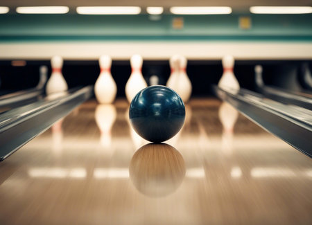 Bowling ball and skittles in bowling alley, shallow depth of fieldの素材