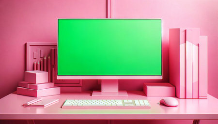 Desktop computer with blank green screen on pink background. 3D Renderingの素材