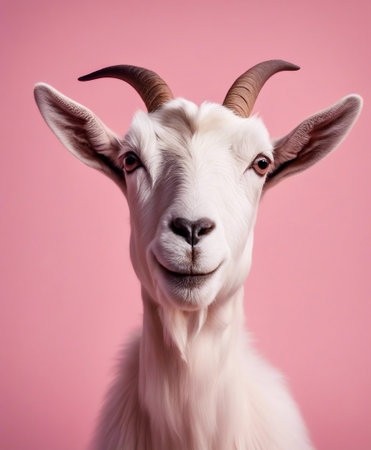 Portrait of a white goat with horns on a pink background.の素材
