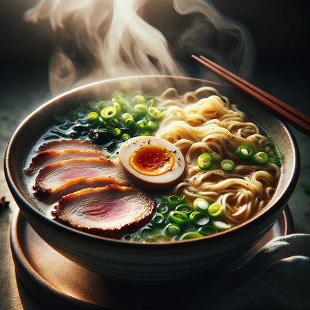 Ramen noodle soup with pork and egg, japanese foodの素材