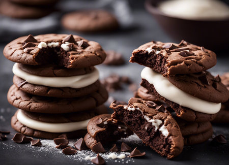 Chocolate chip cookies with white cream and chocolate chips on dark backgroundの素材