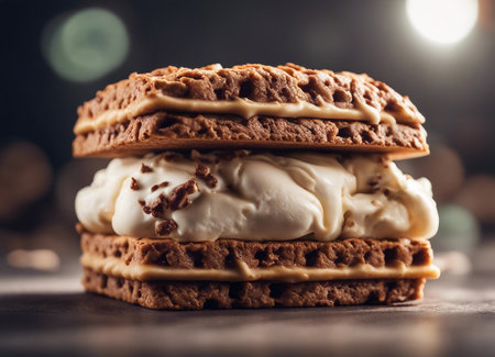 Chocolate waffles with ice cream on a dark background. ice cream sandwichの素材