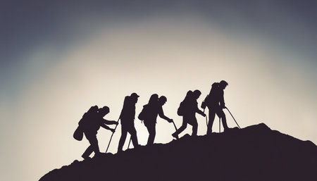 Silhouette of group of mountaineers on top of a mountainの素材