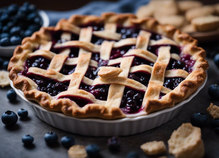 Blueberry pie with fresh berries on a dark background.の素材