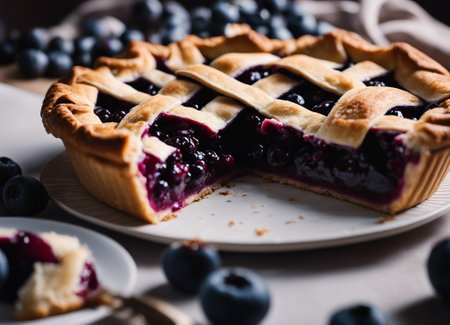Blueberry pie on a plate with blueberriesの素材