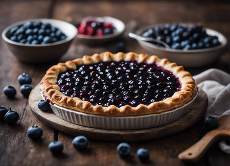 Blueberry tart with fresh berries on rustic wooden background, selective focus.の素材