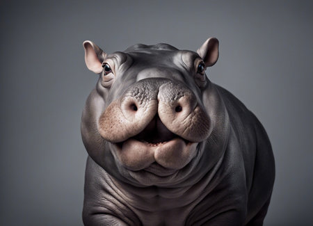 Portrait of a hippo on a gray background. Studio shot.の素材