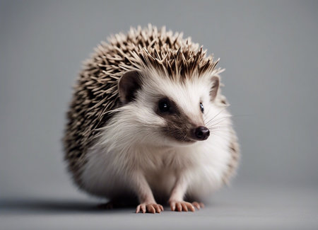 hedgehog on a gray background. Studio shot of a wild, native, European hedgehog.の素材