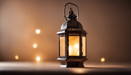 Lantern on the table with bokeh background. Ramadan Kareem concept.の素材