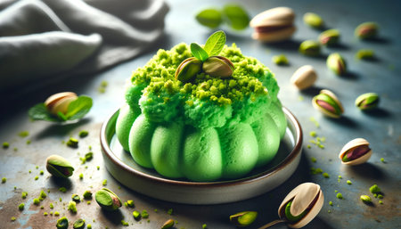 Pistachio mousse cake with pistachios on dark backgroundの素材