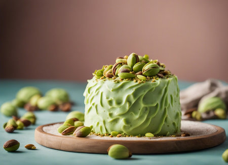 Pistachio cake with pistachios on a blue backgroundの素材