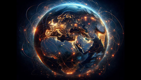 Illuminated Network of Global Connectivity Over Earth at Nightの素材