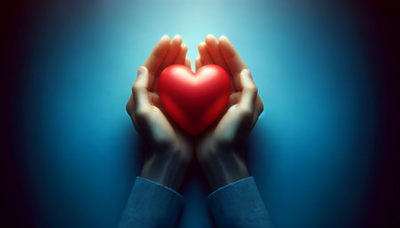 Hands Gently Holding a Red Heart Against a Soft Blue Backgroundの素材