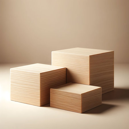 Minimalist Wooden Display Blocks on Neutral Backgroundの素材