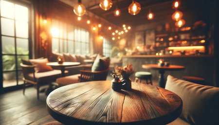 Warmly Lit Cafe Ambience with Focus on Textured Wooden Tableの素材