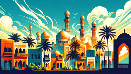 Stylized Illustration of a Middle Eastern Village with Minarets and Palm Treesの素材