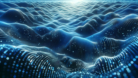 Abstract Digital Landscape of Blue Particle Waves in Motionの素材