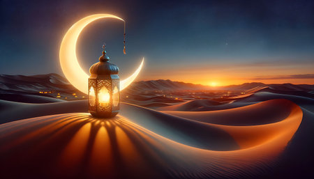 Ornate Lantern on Crescent Moon Over Desert Dunes at Duskの素材