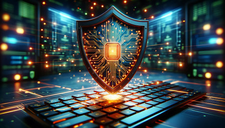 Cybersecurity Concept with Glowing Shield on Digital Backgroundの素材