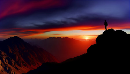 Solo Climber Silhouette Against a Fiery Mountain Sunsetの素材