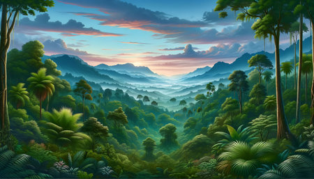 Majestic Sunrise Over Lush Tropical Rainforest Canopyの素材