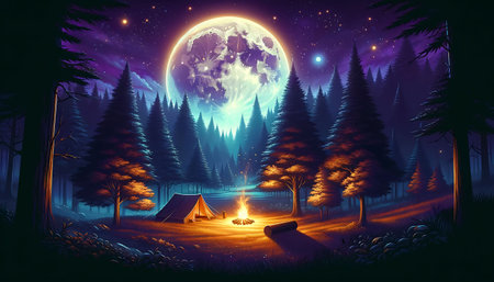 Enchanted Night Camping Under a Giant Moon in a Purple Forestの素材