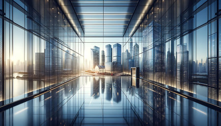 Modern City Skyline Viewed through Glass Skywalk at Sunriseの素材