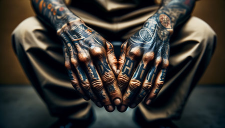 Intricate Tattoo Art on Hands Held Together in Thoughtful Poseの素材