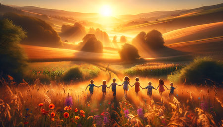 a group of children holding hands, running through a vibrant field as the sun setsの素材