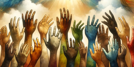 Multicolored Hands Raised Towards Sunlight in Unity and Diversityの素材