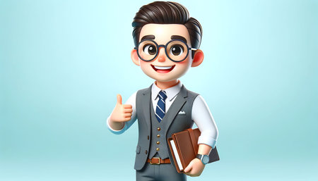 Cheerful 3D Businessman Cartoon with Glasses and Professional Attireの素材