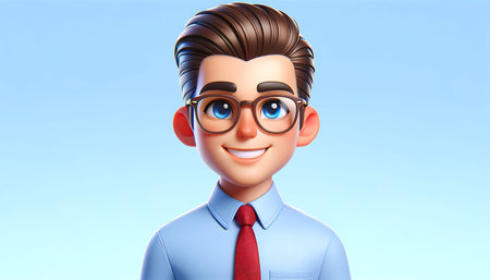 Confident cartoon businessman with glasses and a friendly smile. Friendly Cartoon Business Executive in Shirt and Tieの素材